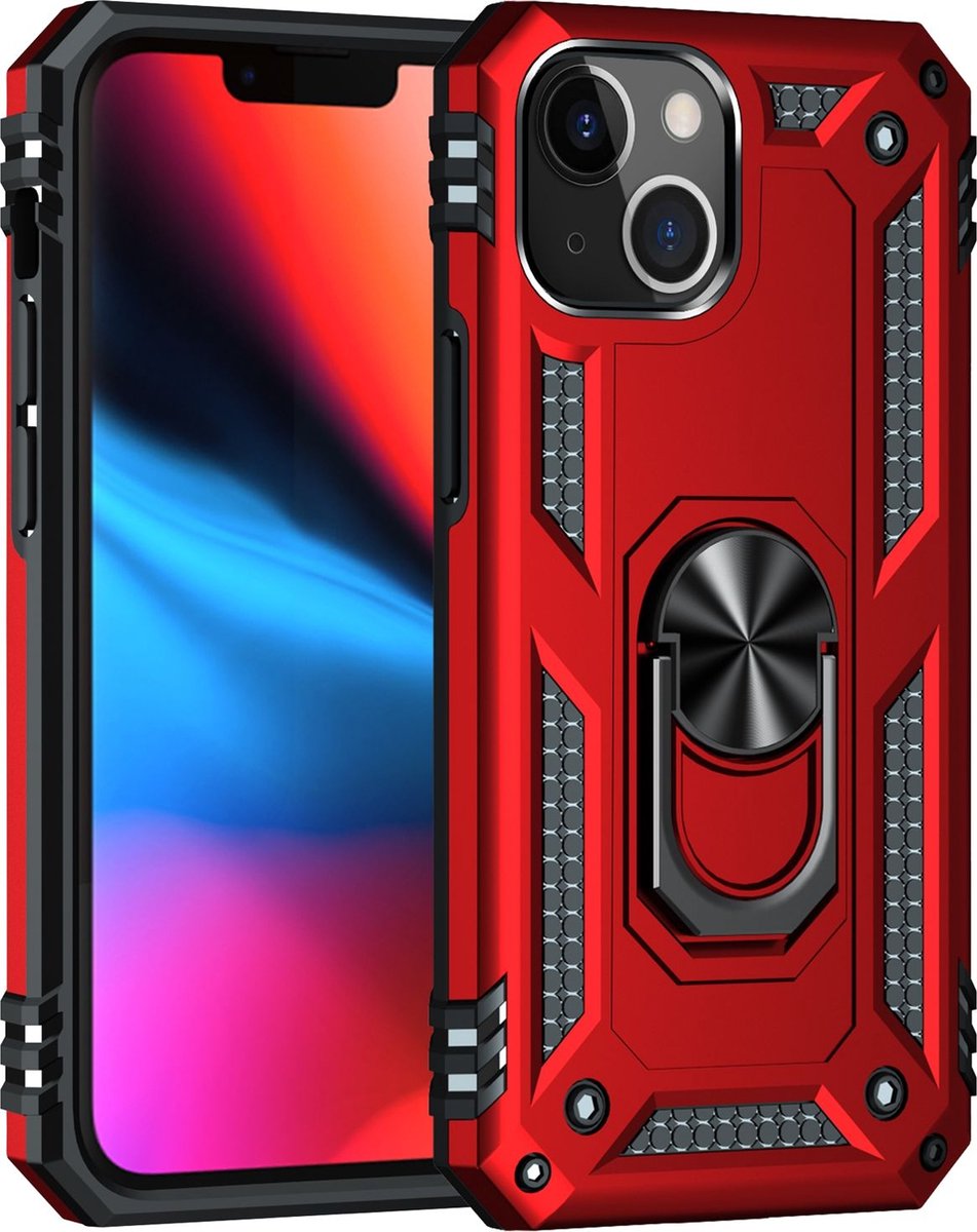 Mobigear Hoesje geschikt voor Apple iPhone 13 Mini Telefoonhoesje Hardcase | Mobigear Armor Ring Backcover Shockproof met Ringhouder | Schokbestendig iPhone 13 Mini Telefoonhoesje | Anti Shock Proof - Rood