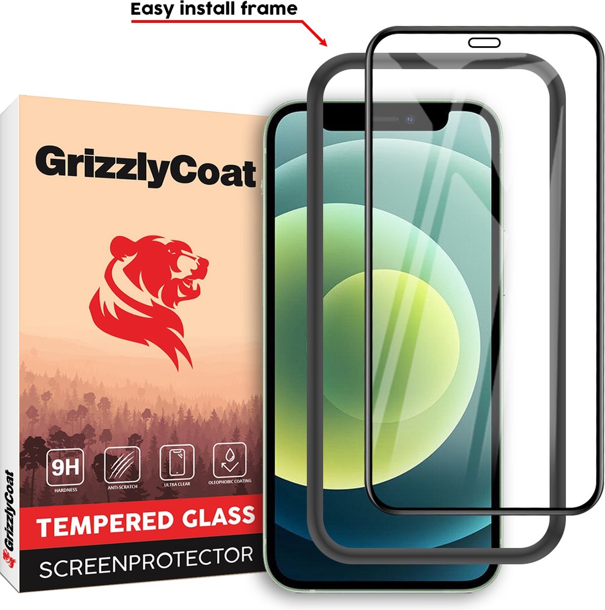 GrizzlyCoat Easy Fit Screenprotector geschikt voor Apple iPhone 12 Mini Glazen Screenprotector - Case Friendly + Installatie Frame - Zwart