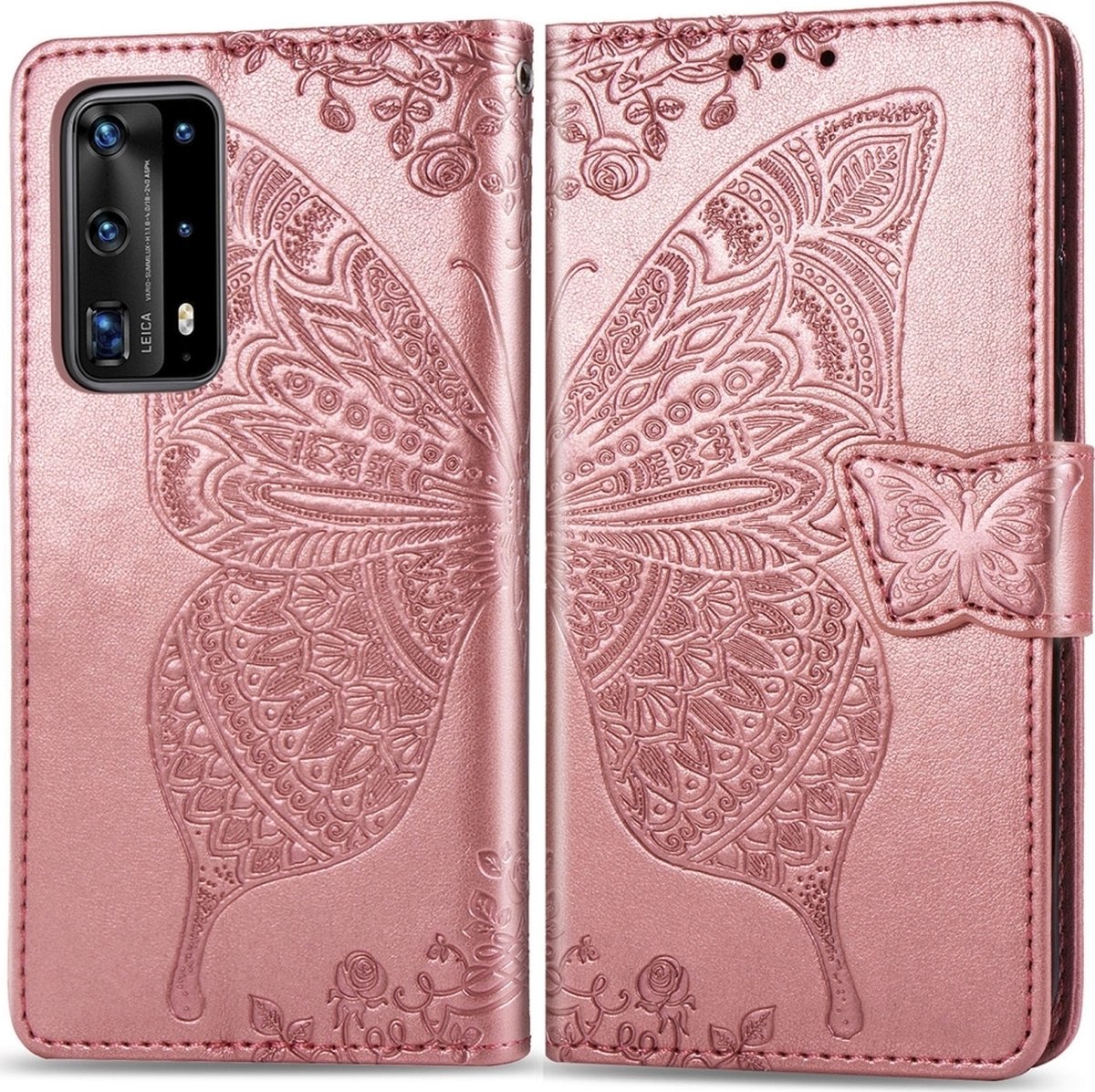 Mobigear Telefoonhoesje geschikt voor Huawei P40 Pro Hoesje | Mobigear Butterfly Bookcase Portemonnee | Pasjeshouder voor 3 Pasjes | Telefoonhoesje voor Pinpas / OV Kaart / Rijbewijs - Roségoud