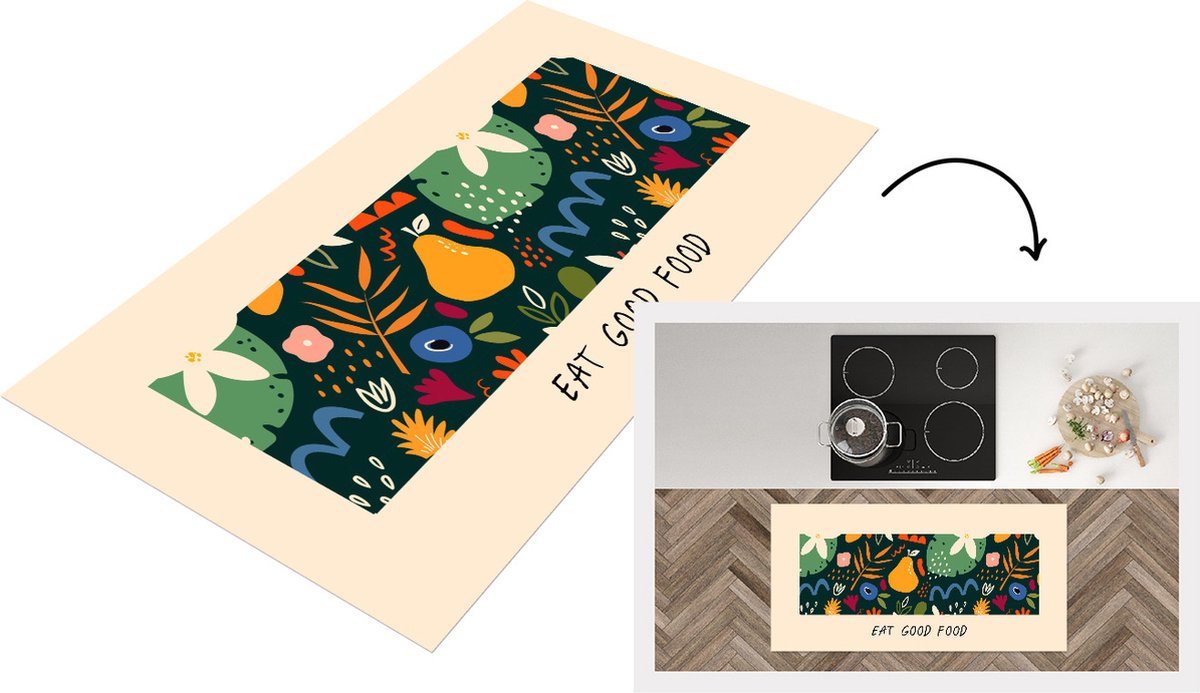 KitchenYeah Keukenloper - Loper keuken - Quotes - Spreuken - Eat good food - Eten - 120x60 cm - Keukenloper vinyl Multicolor