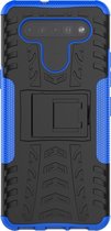 Mobigear Hoesje geschikt voor LG K51s Telefoonhoesje Hardcase | Mobigear Tire Backcover Shockproof met Standaard | Schokbestendig K51s Telefoonhoesje | Anti Shock Proof - Zwart / Blauw