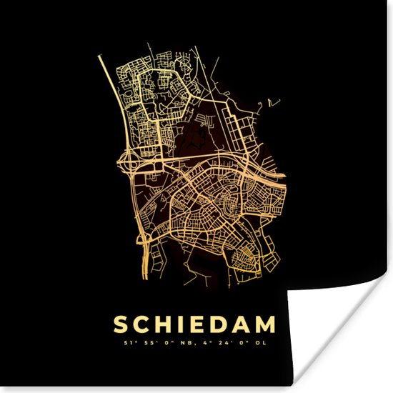 Poster Schiedam - Goud - Kaart - Stadskaart - Plattegrond - 30x30 cm