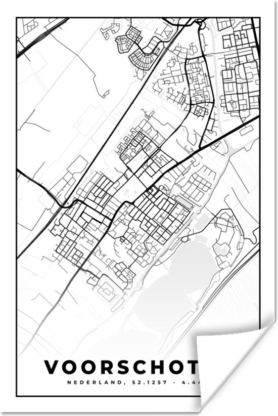 Poster 40x60 cm - Plattegrond - Voorschoten - Kaart - Stadskaart - Posters - Kamer decoratie - Wanddecoratie woonkamer - Muurdecoratie slaapkamer