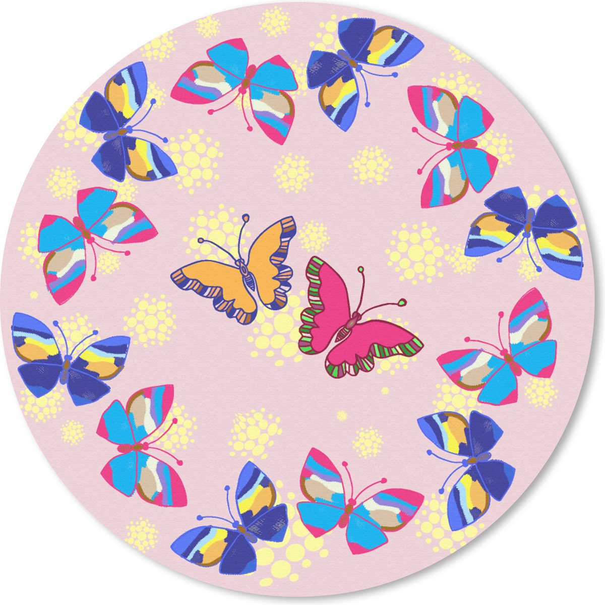 Muismat rond 50x50 cm - Mousepad Meisje - Vlinder - Insecten - Patronen - Girl - Kids - Kinderen - Ronde muismatten