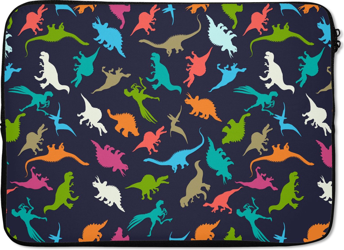 Laptophoes 14 inch - Patronen - Dino - Kleuren - Jongens - Kinderen - Kids - Kind - Laptop sleeve - Binnenmaat 33x23 cm - Zwarte achterkant