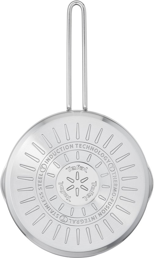 Bodem van Tefal steelpan van roestvrij staal met teksten 'Induction Technology' en 'Thermo-Fusion Integral'.