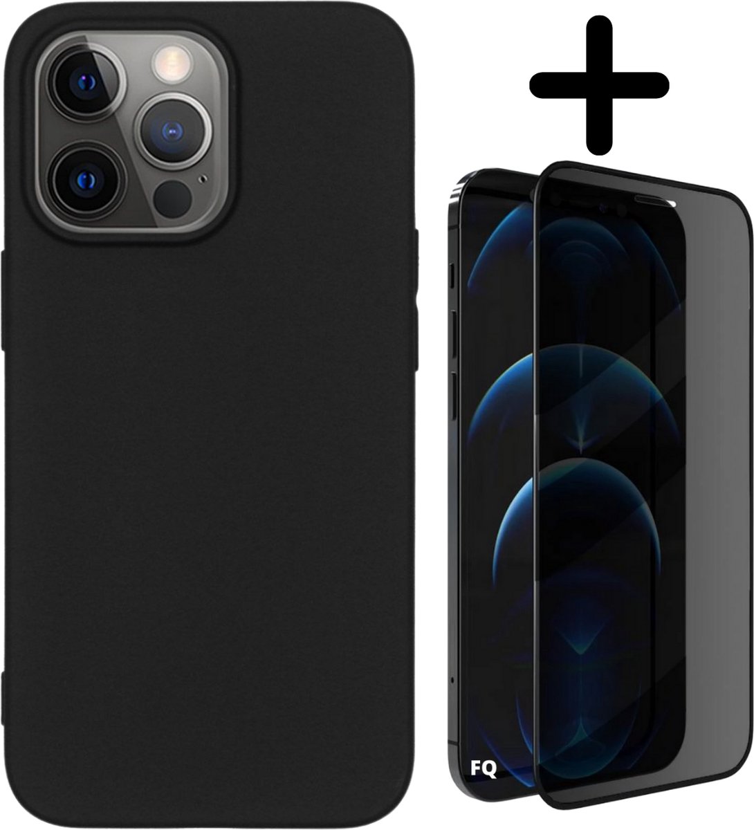 Fooniq Silicone Hoesje Zwart + Privacy Screenprotector - Geschikt Voor Apple iPhone 13 Pro