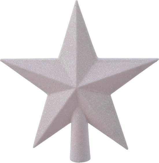 Kerstboom piek in de vorm van een ster met parelmoer witte glitter afwerking. 19 cm hoog.