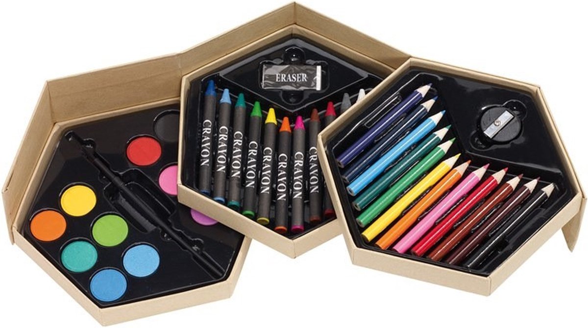 Luxe teken/schilderset in blanco DIY doos - Potloden / waskrijt / verf - Tekendoos hobby set