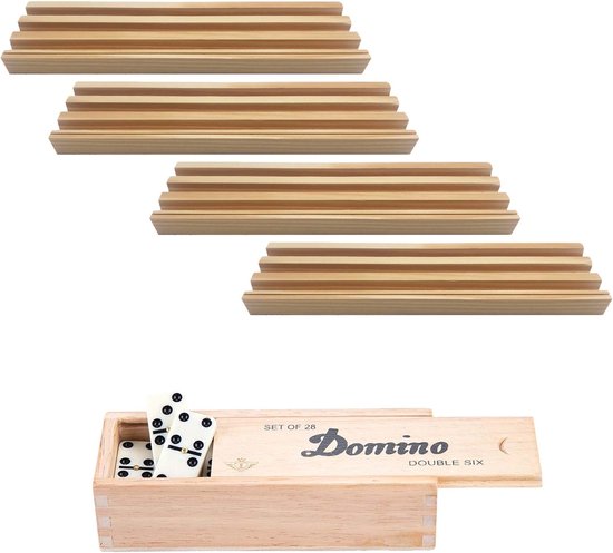 Afbeelding van het spel 4x Dominostenenhouder met domino spel in houten doos 28x stenen - Kaarthouders - Standaarden