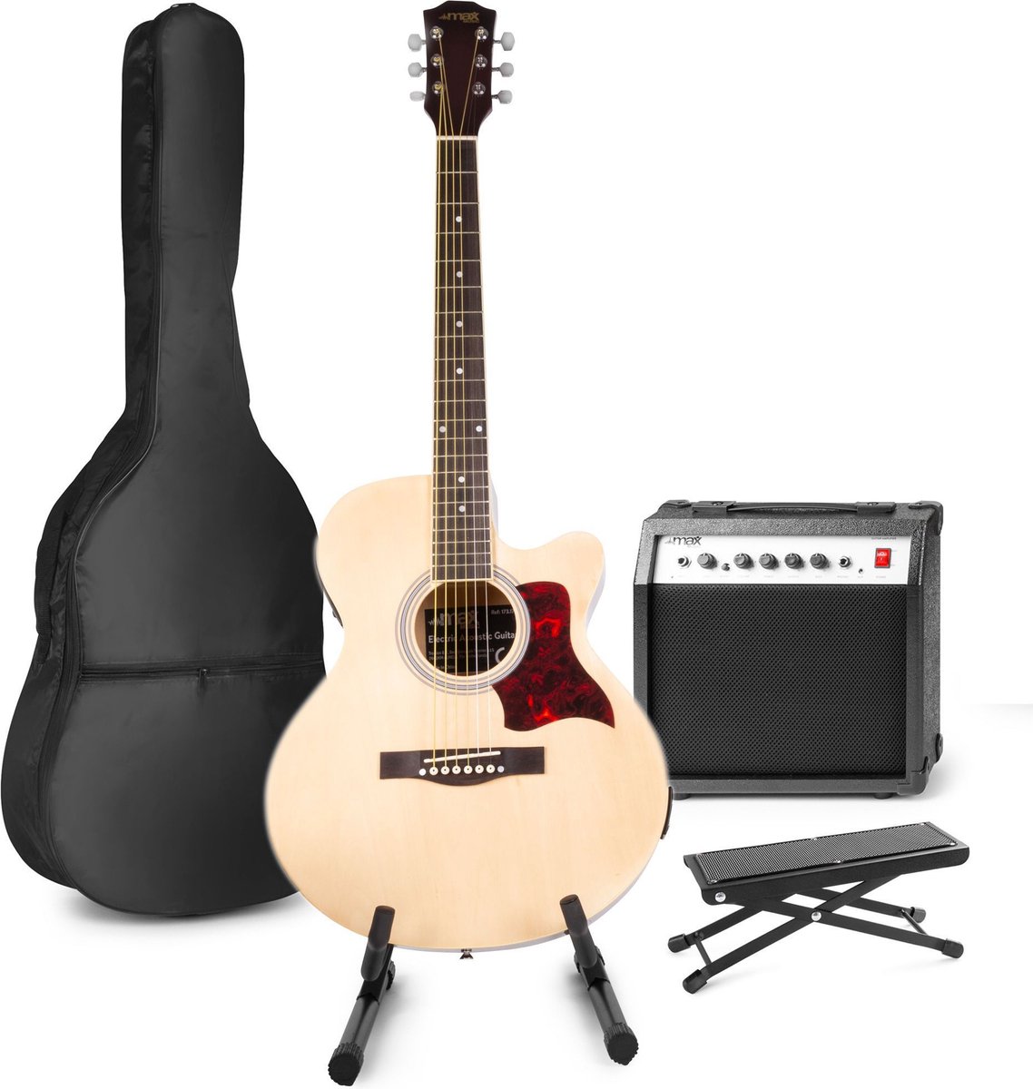 Elektrisch akoestische gitaar - MAX ShowKit gitaarset met 40W gitaar versterker, gitaar standaard, gitaar voetenbankje, gitaar stemapparaat, gitaartas en plectrum - Hout