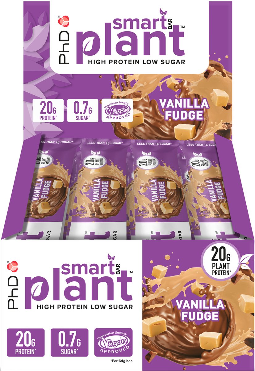 Goedkoopste PhD Vegan Protein - Smart bar Plant Improved - Vanilla Fudge (12x64g