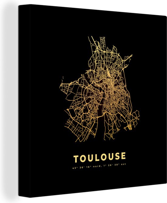 Canvas schilderij 90x90 cm - Wanddecoratie Toulouse - Kaart – Frankrijk – Stadskaart – Plattegrond - Muurdecoratie woonkamer - Slaapkamer decoratie - Kamer accessoires - Schilderijen op canvas