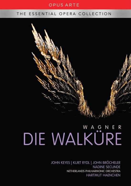 Zwarte DVD-hoes met een goudkleurige, vederachtige illustratie van vleugels, met de titel Die Walküre.