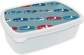 Broodtrommel Wit - Lunchbox - Brooddoos - Patroon - Auto - Race - Jongens - Kinderen - Kids - Kind - 18x12x6 cm - Volwassenen
