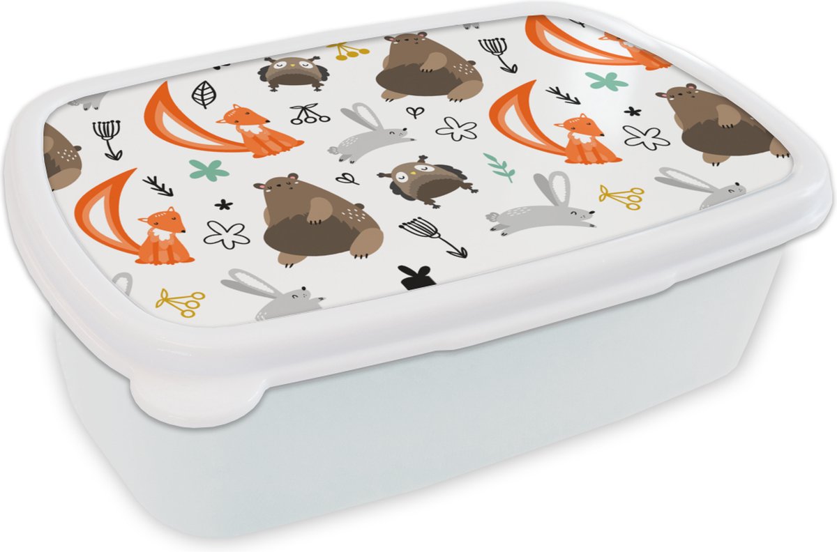 Broodtrommel Wit - Lunchbox - Brooddoos - Dieren - Bos - Patroon - 18x12x6 cm - Volwassenen