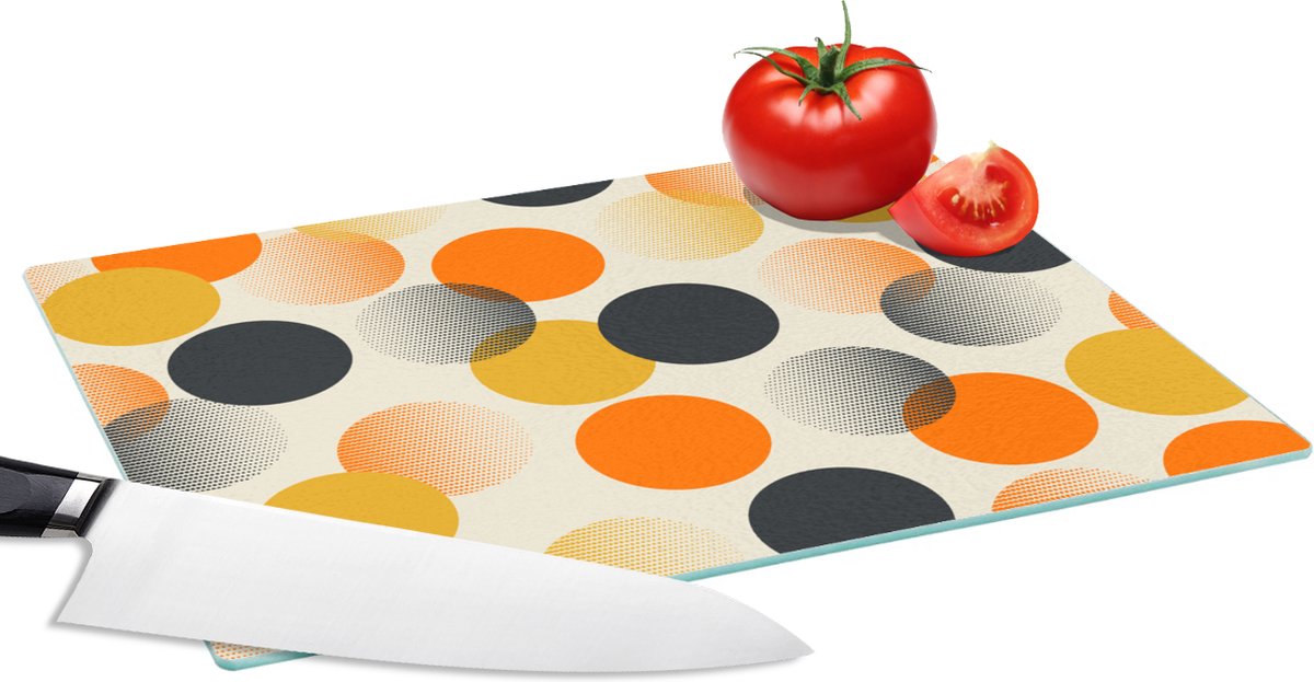 Glazen Snijplank - 28x20 - Polkadot - Design - Retro - Oranje - Snijplanken Glas