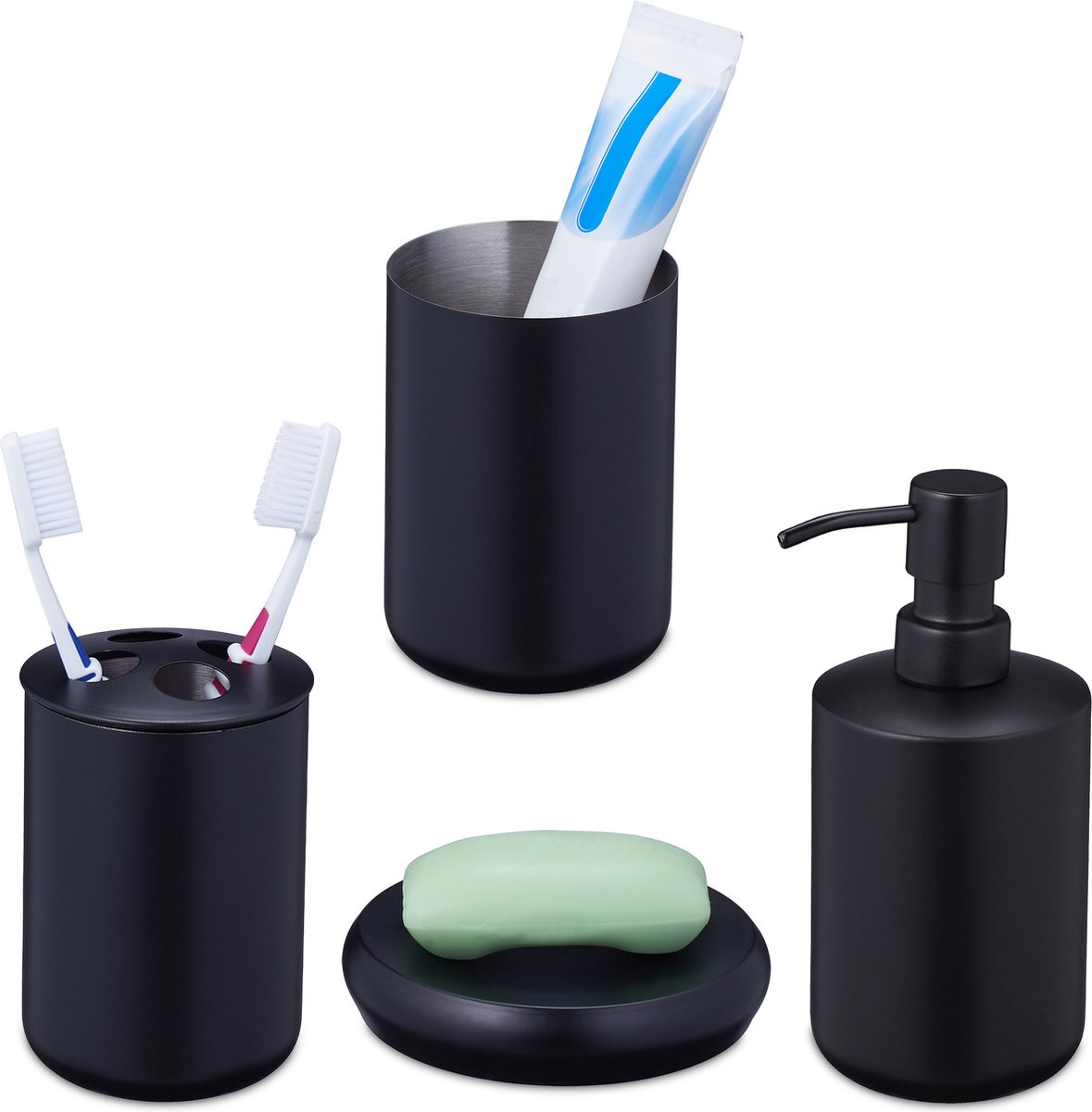 Ensemble d'accessoires de salle de bain noir mat 5 pièces, comprend un  support de brosse à dents, un distributeur de savon et un distributeur de