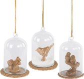 Viv! Christmas Kerstornament - vogel, eekhoorn en uilen in glazen stolp - set van 3 - goud - 6,5x10cm