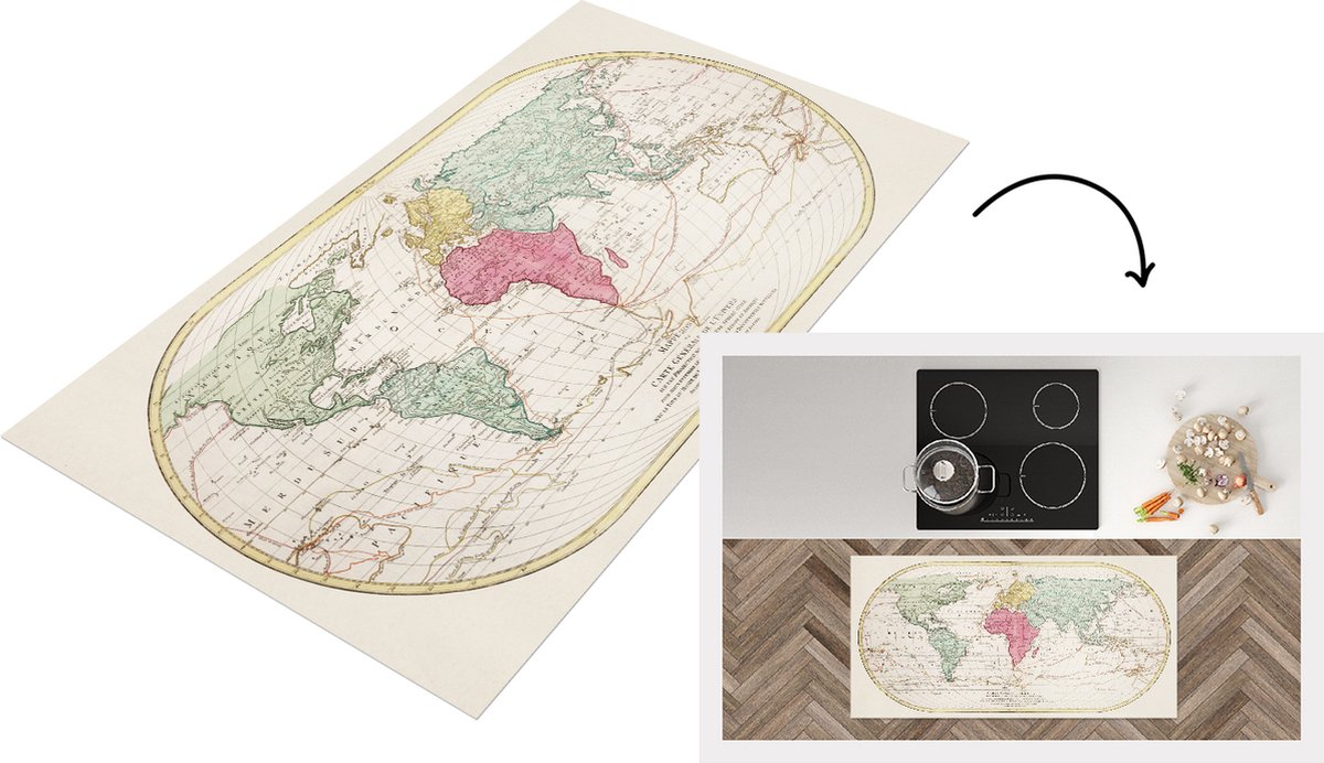 KitchenYeah Keukenloper - Loper keuken - Wereldkaart - Vintage - Kleuren - 120x60 cm - Keukenloper vinyl Multicolor