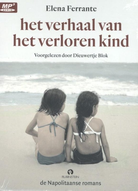 Boek "het verhaal van het verloren kind" van Elena Ferrante, met op de voorkant twee meisjes met de rug naar de camera op het strand.