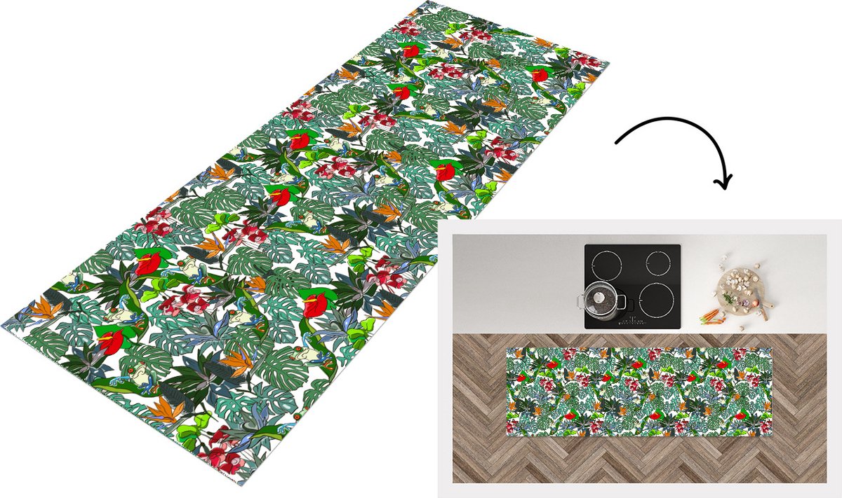 KitchenYeah Keukenloper - Loper keuken - Patroon - Planten - Jungle - 180x60 cm - Keukenloper vinyl Multicolor
