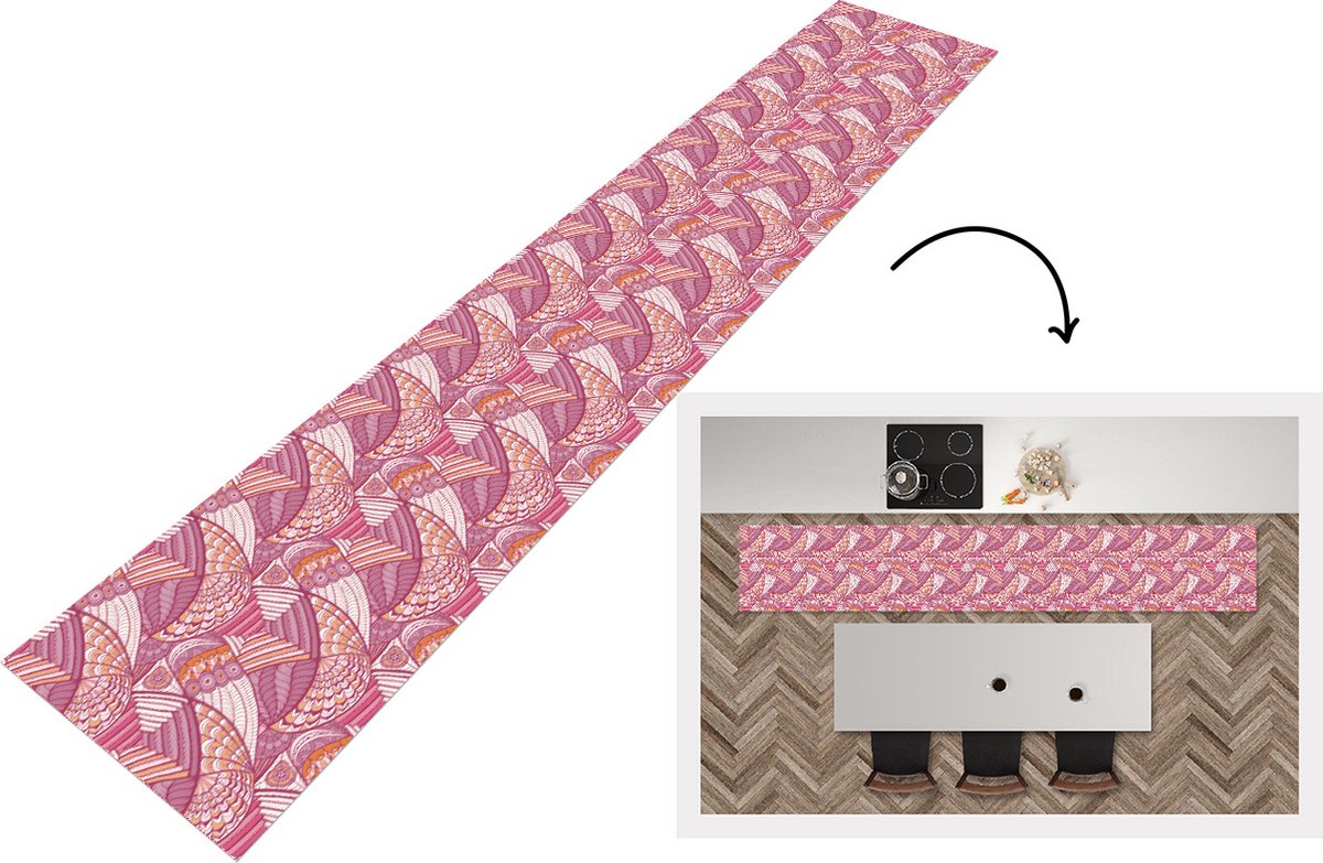 KitchenYeah Keukenloper - Loper keuken - Meiden - Veren - Roze - Patronen - 300x50 cm - Keukenloper vinyl Multicolor