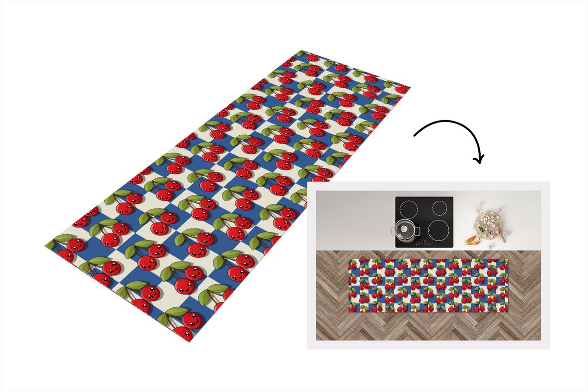 KitchenYeah Keukenloper - Loper keuken - Meiden - Kers - Eten - Patronen - 180x60 cm - Keukenloper vinyl Multicolor