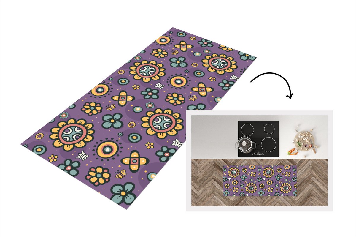 KitchenYeah Keukenloper - Loper keuken - Meisjes - Vlinder - Planten - Patronen - 120x50 cm - Keukenloper vinyl Multicolor