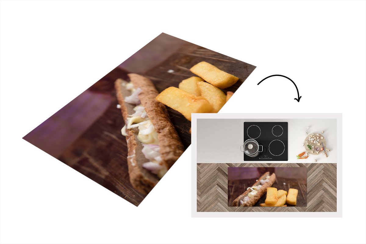 KitchenYeah Keukenloper - Loper keuken - Een frikandel met patat op een houten snijplank - 120x60 cm - Keukenloper vinyl Multicolor