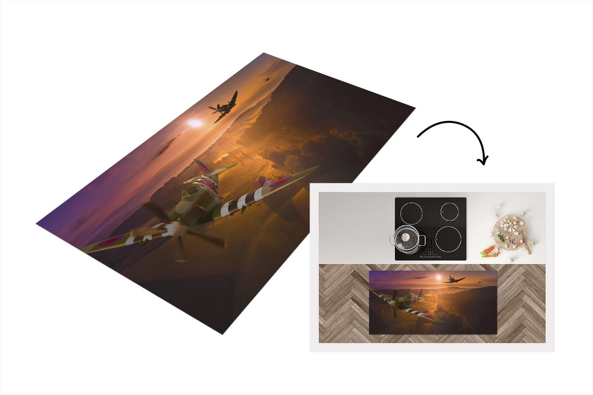 KitchenYeah Keukenloper - Loper keuken - Spitfire vliegtuigen bij zonsondergang - 120x60 cm - Keukenloper vinyl Multicolor