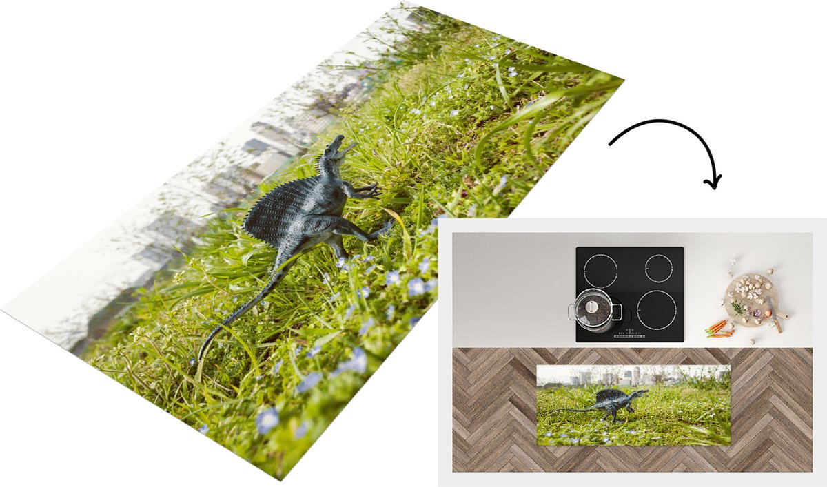 KitchenYeah Keukenloper - Loper keuken - Dinosaurus - Gras - 120x50 cm - Keukenloper vinyl Multicolor