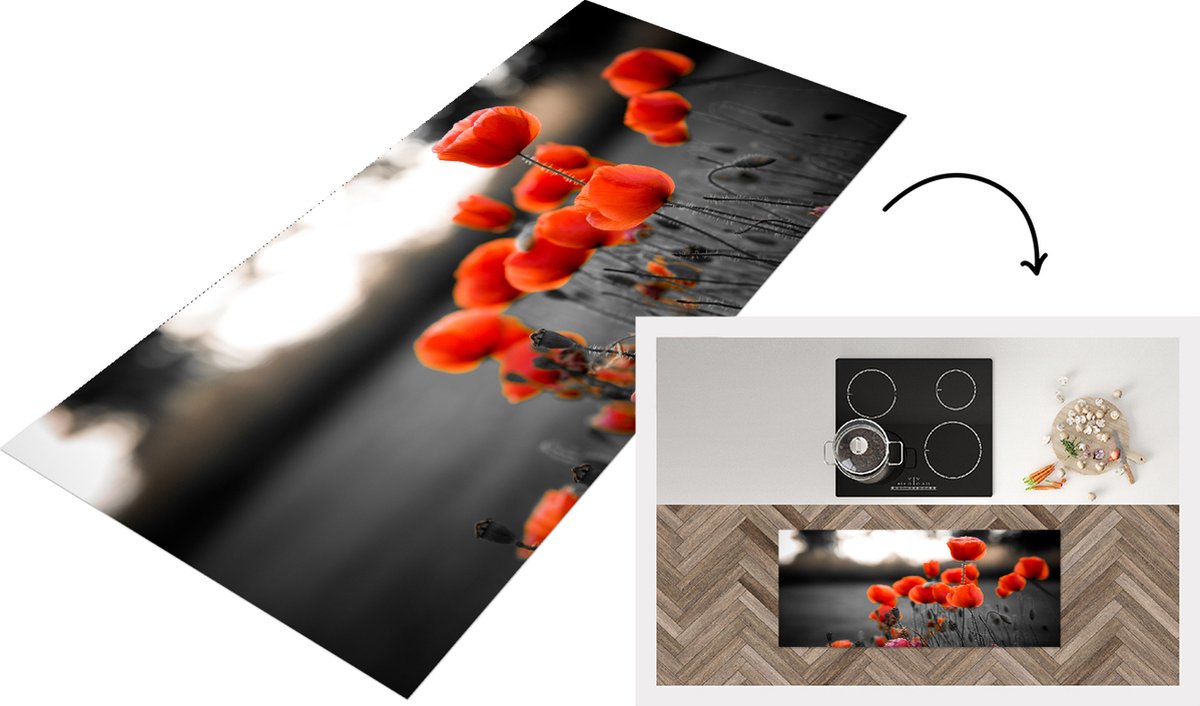 KitchenYeah Keukenloper - Loper keuken - Rode Klaprozen tegen zwarte met witte achtergrond - 120x50 cm - Keukenloper vinyl Multicolor