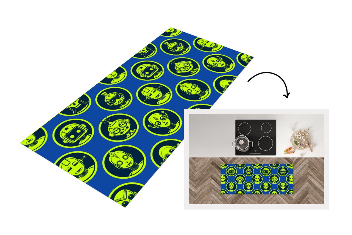 KitchenYeah Keukenloper - Loper keuken - Patronen - Robot - Geel - Blauw - 120x50 cm - Keukenloper vinyl Multicolor