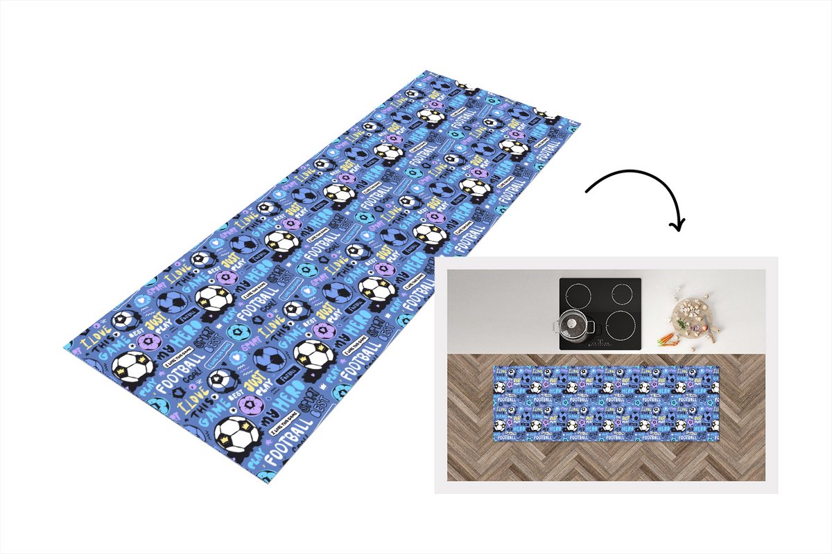 Keukenloper - Loper keuken - Patronen - Voetbal - Blauw - 150x50 cm - Keukenloper vinyl