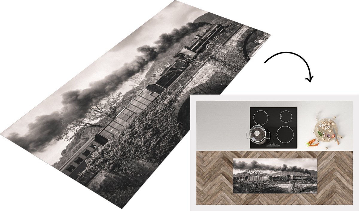 KitchenYeah Keukenloper - Loper keuken - Zwart-wit foto van een stoomtrein over een brug - 120x50 cm - Keukenloper vinyl Zwart; Wit