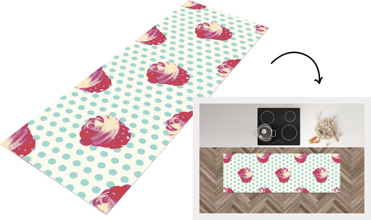 KitchenYeah Keukenloper - Loper keuken - Patronen - Cupcake - Eten - 150x50 cm - Keukenloper vinyl Multicolor