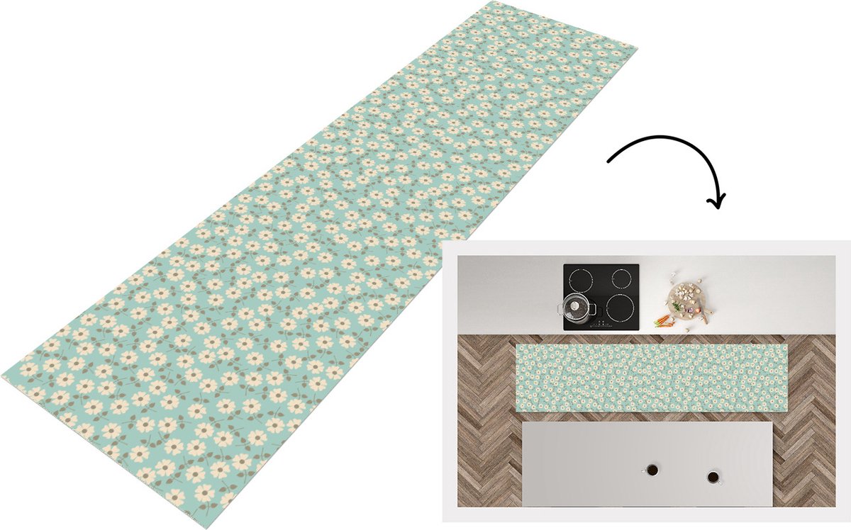 KitchenYeah Keukenloper - Loper keuken - Patroon - Madeliefjes - Nordic - 200x50 cm - Keukenloper vinyl Multicolor