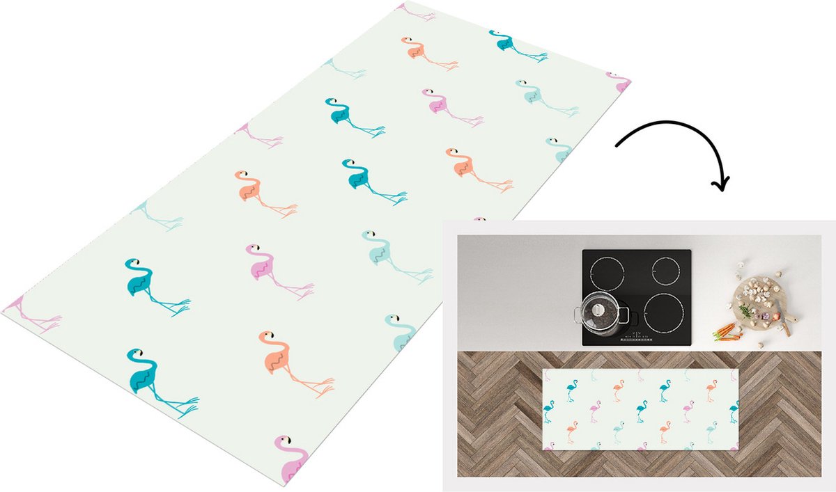 KitchenYeah Keukenloper - Loper keuken - Patronen - Jungle - Flamingo - Pastel - 120x50 cm - Keukenloper vinyl Multicolor