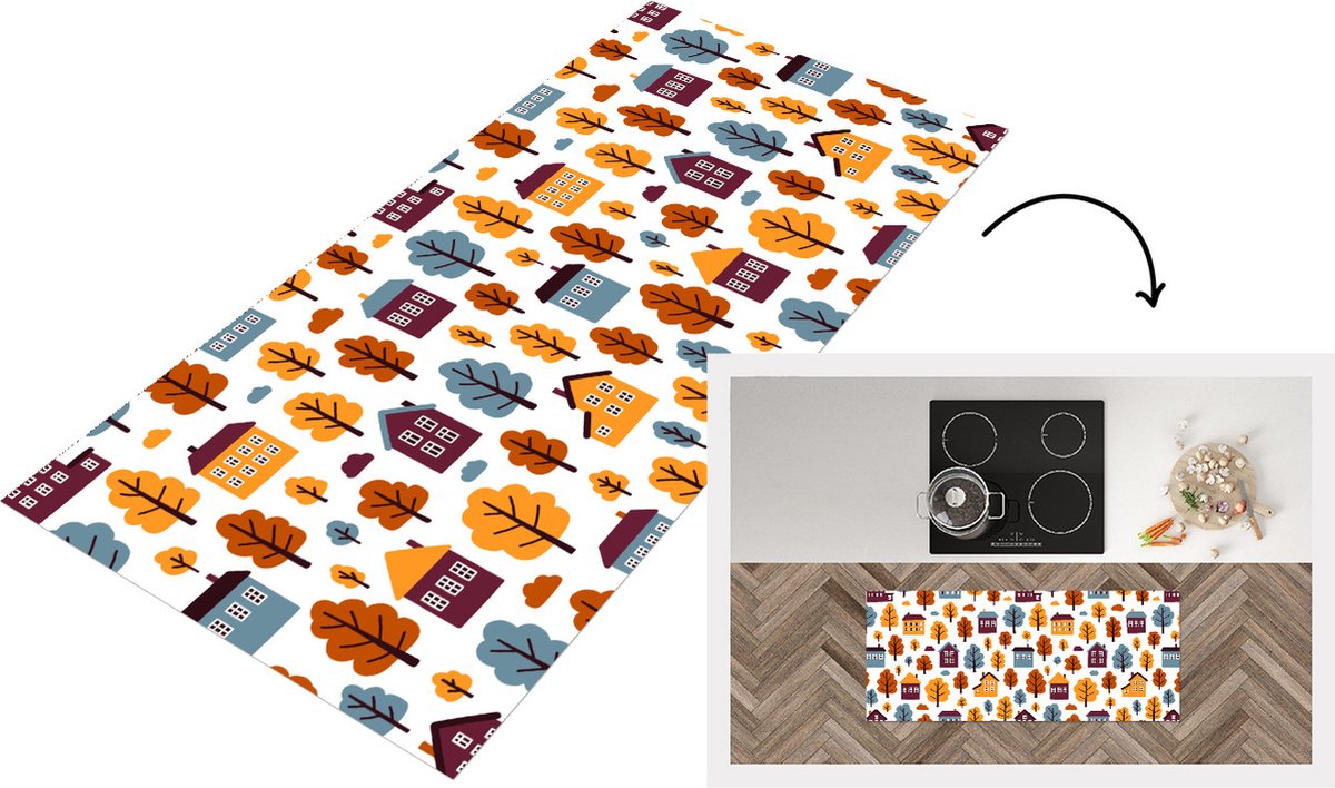 KitchenYeah Keukenloper - Loper keuken - Patronen - Huis - Bomen - 120x50 cm - Keukenloper vinyl Multicolor