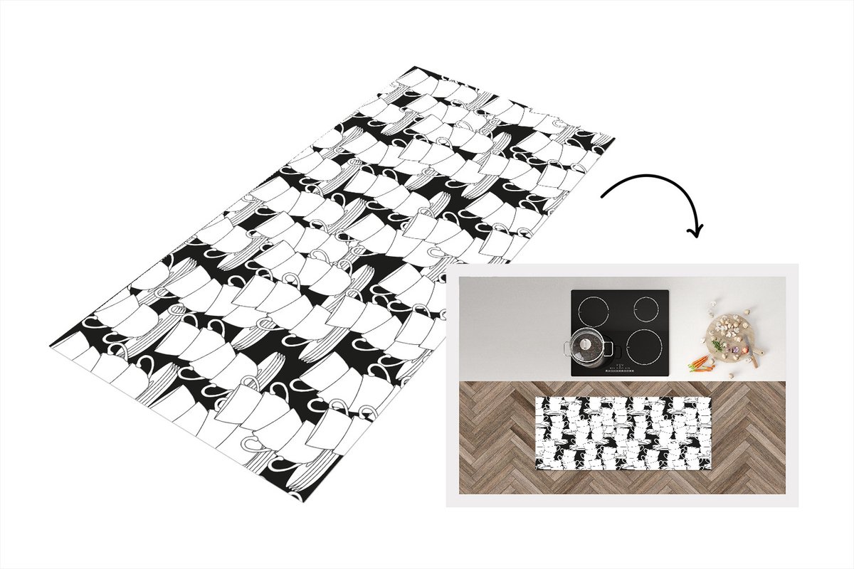 KitchenYeah Keukenloper - Loper keuken - Patronen - Zwart wit - Kopjes - Thee - 120x50 cm - Keukenloper vinyl Zwart; Wit
