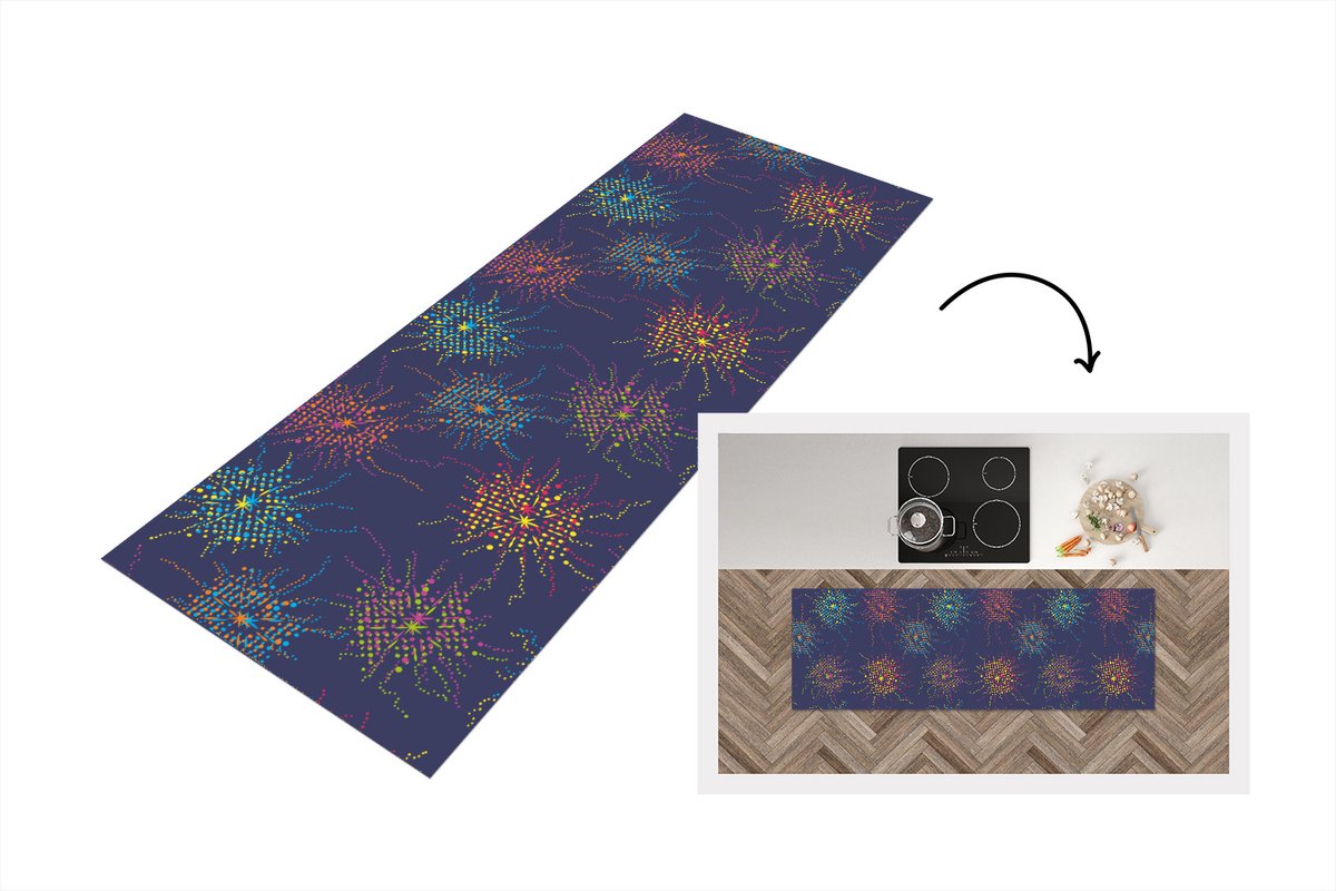 KitchenYeah Keukenloper - Loper keuken - Vuurwerk - Digitaal - Patronen - 150x50 cm - Keukenloper vinyl Multicolor