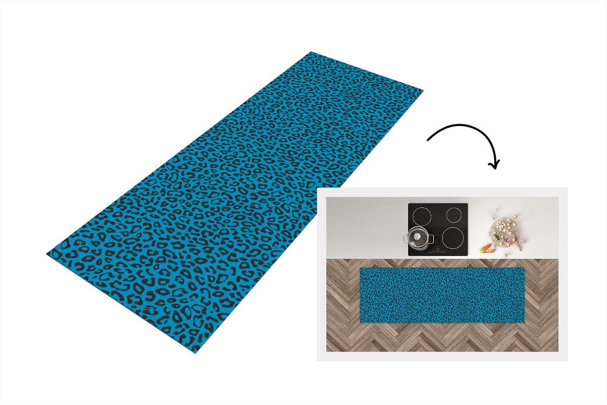 KitchenYeah Keukenloper - Loper keuken - Panterprint - Blauw - Design - Dieren - 150x50 cm - Keukenloper vinyl Multicolor