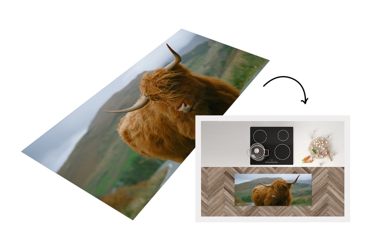 KitchenYeah Keukenloper - Loper keuken - Schotse Hooglander - Berg - Weg - 120x50 cm - Keukenloper vinyl Multicolor