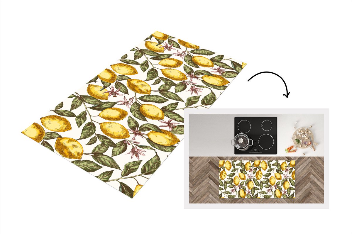 KitchenYeah Keukenloper - Loper keuken - Patroon - Bloemen - Citroenen - Citrus - 120x60 cm - Keukenloper vinyl Multicolor