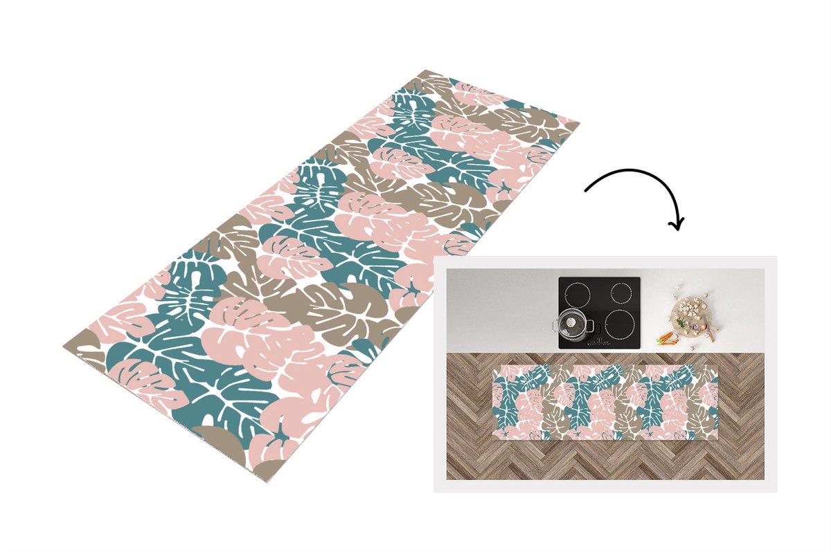 KitchenYeah Keukenloper - Loper keuken - Monstera - Jungle - Patronen - Pastel - Bladeren - 180x60 cm - Keukenloper vinyl Multicolor