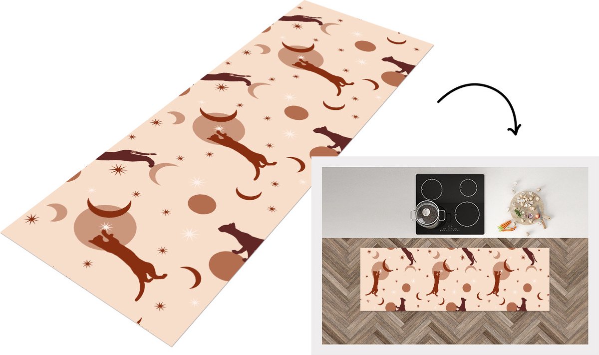 KitchenYeah Keukenloper - Loper keuken - Patronen - Kat - Maan - 150x50 cm - Keukenloper vinyl Multicolor