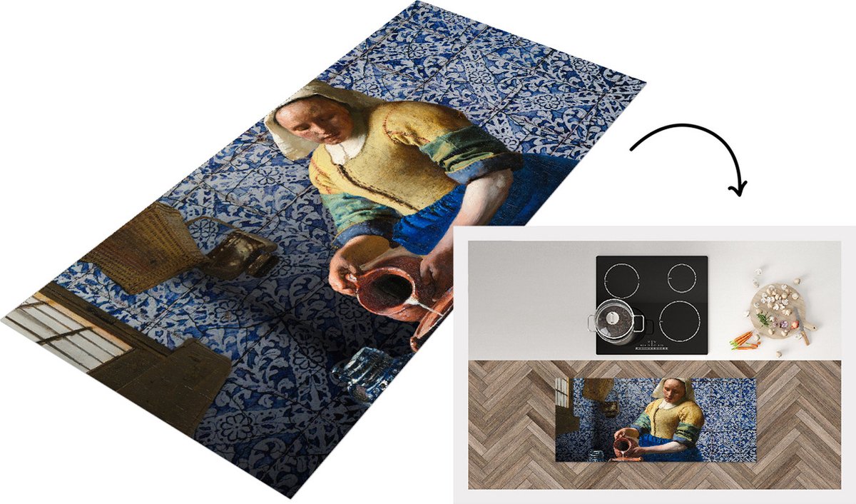 KitchenYeah Keukenloper - Loper keuken - Melkmeisje - Delfts Blauw - Vermeer - 120x50 cm - Keukenloper vinyl Multicolor