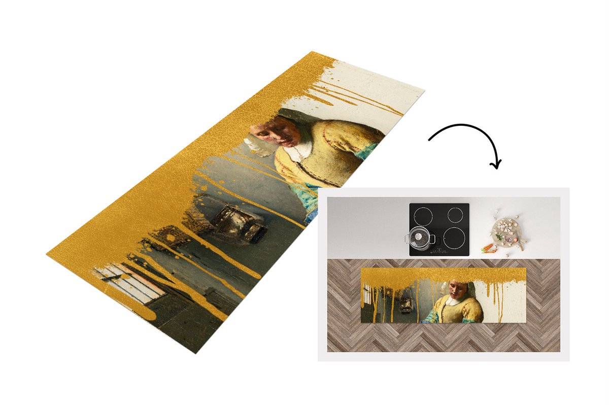 KitchenYeah Keukenloper - Loper keuken - Melkmeisje - Vermeer - Goud - 180x60 cm - Keukenloper vinyl Multicolor
