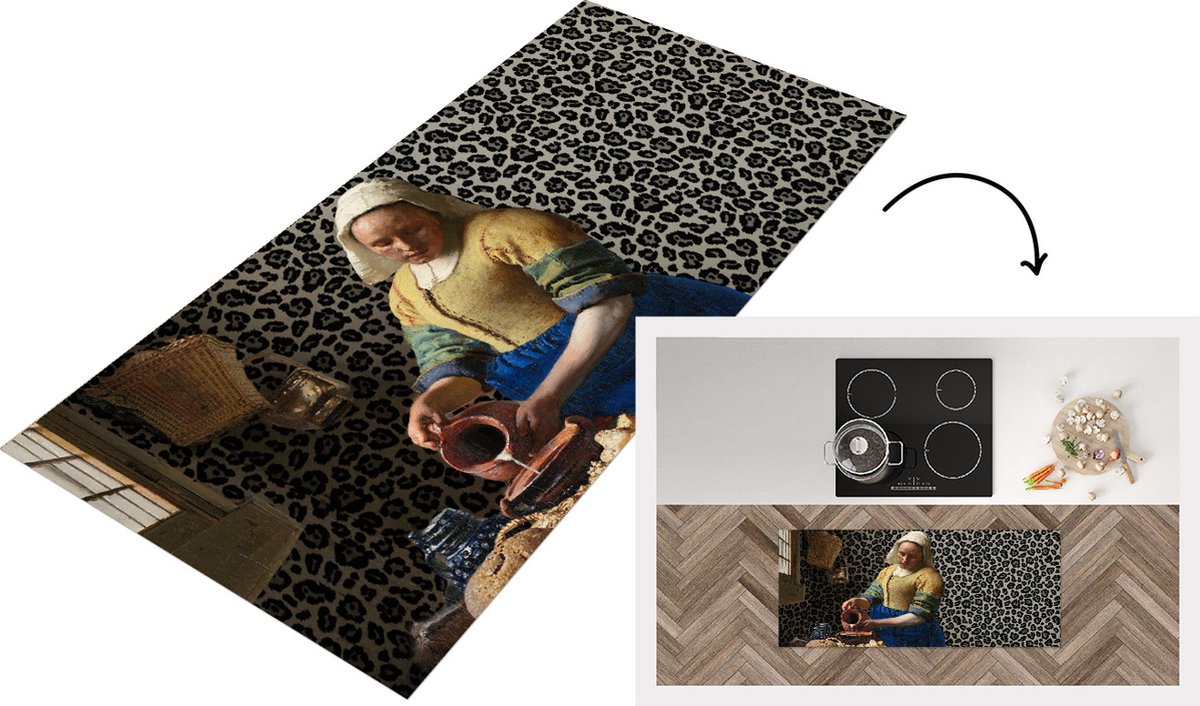 KitchenYeah Keukenloper - Loper keuken - Melkmeisje - Panterprint - Vermeer - 120x50 cm - Keukenloper vinyl Multicolor